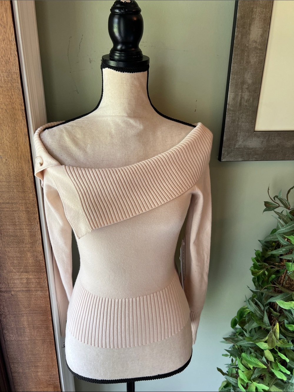Off-Shoulder Rib Trim Women's Sweater - Blush Pink